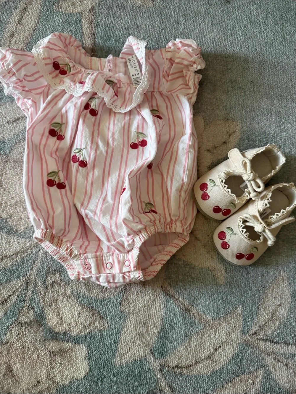 chick pea Pink & White Striped Cherry Baby Romper and shoes